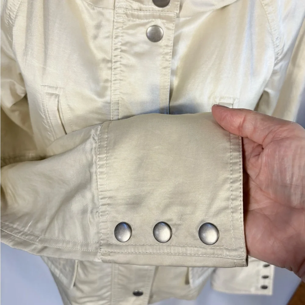 Theory Pearlized Utility Jacket Hidden Hood Adjustable Waist Cinch Ivory~S🧡